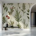 Botanical wallpaper with red flowers in a bright dining room showing vintage herb illustrations