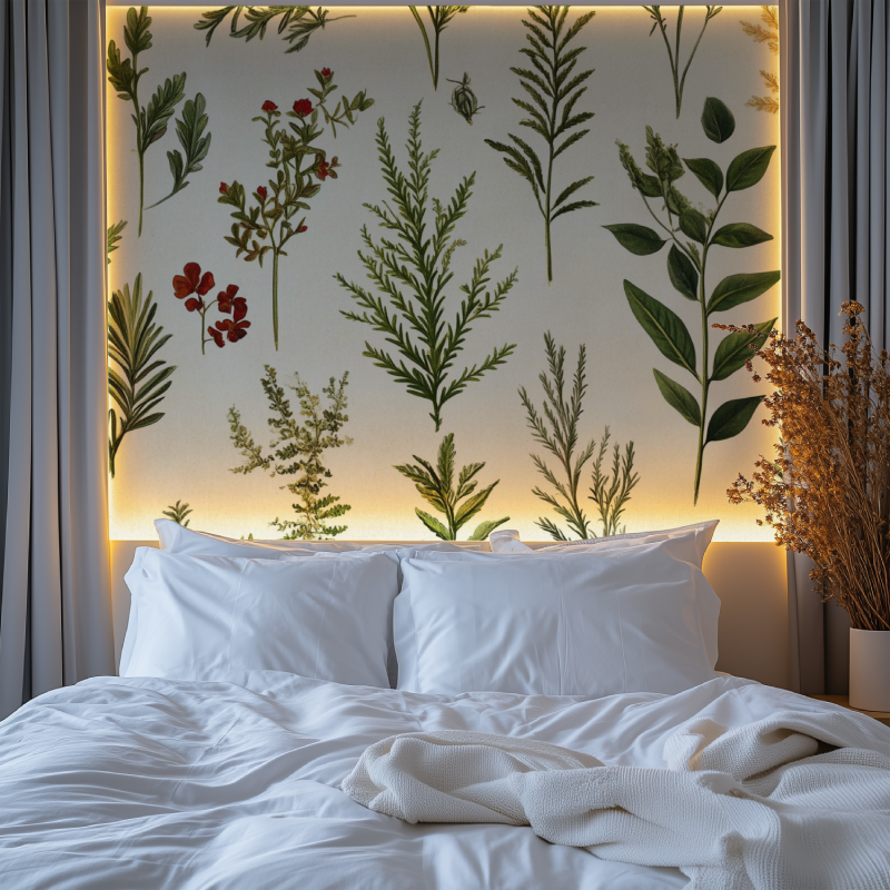 Herb and flower wallpaper creating peaceful atmosphere in living room