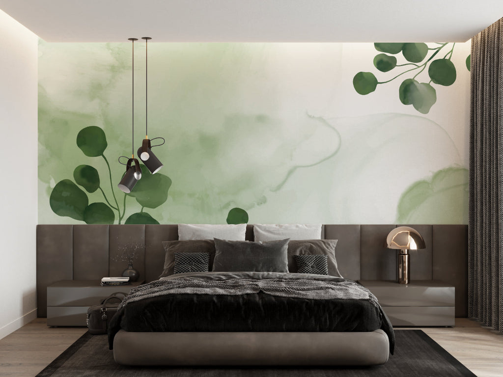 Green leaf wallpaper creating a peaceful home office environment with natural light