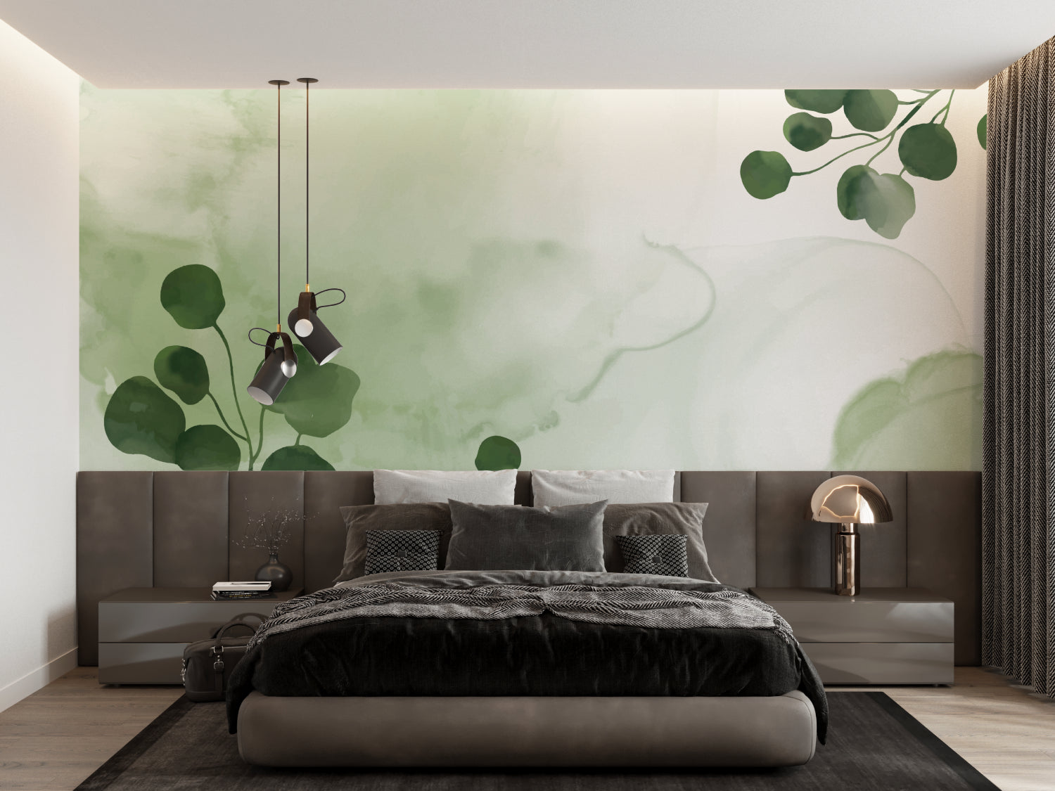 Green leaf wallpaper creating a peaceful home office environment with natural light