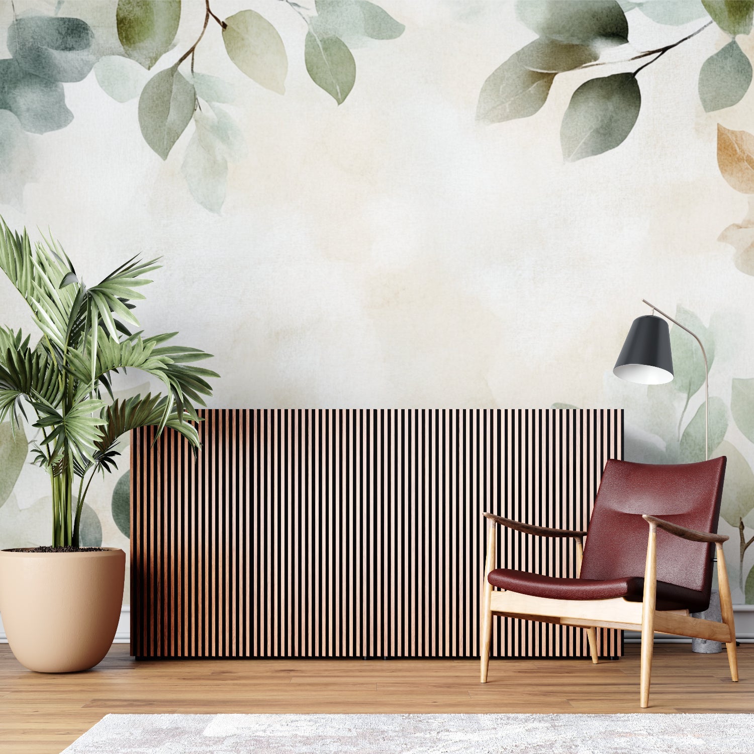 Botanical wallpaper mural creating a peaceful atmosphere in a modern living room with natural light