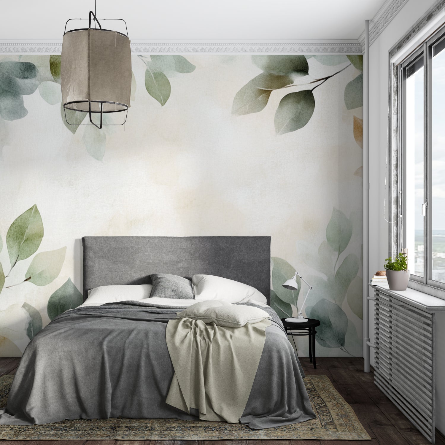 Nature-inspired wallpaper transforming a dining room with soft sage green tones