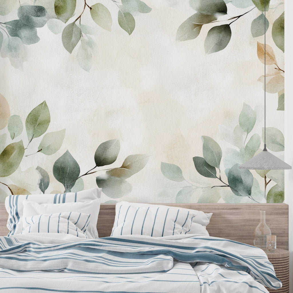 Watercolor botanical mural adding serenity to a yoga studio space