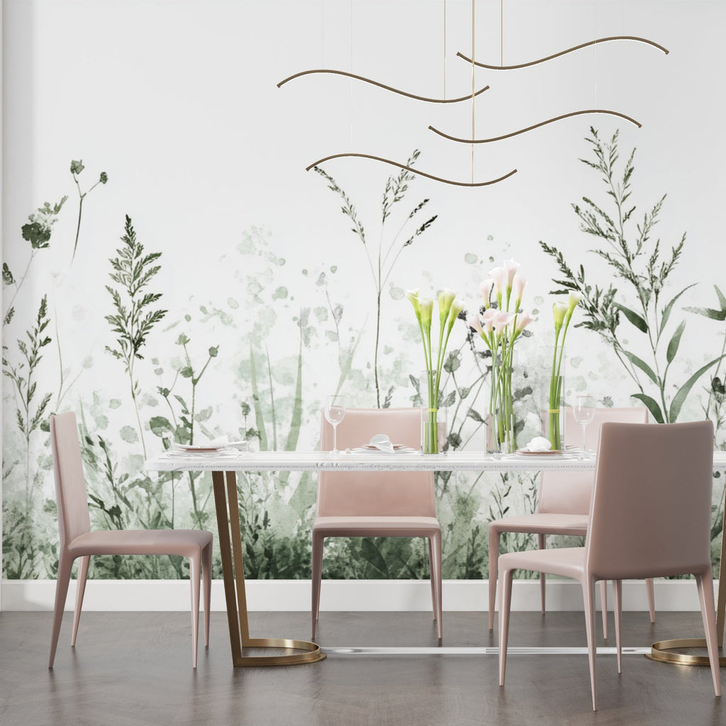 Watercolor botanical wallpaper creating calm atmosphere in master bedroom