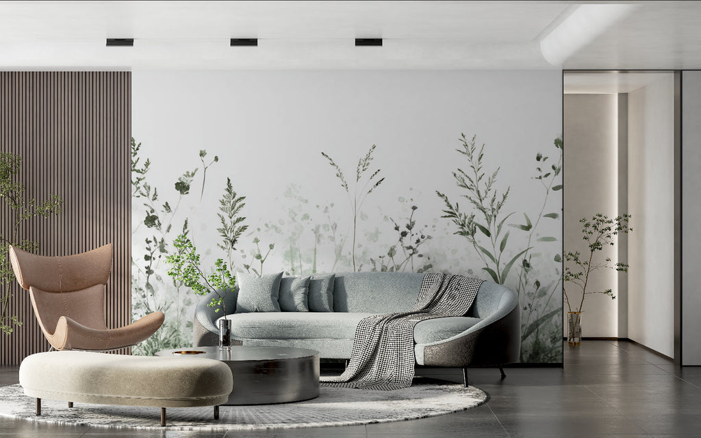 Botanical watercolor mural in modern nursery with green accents