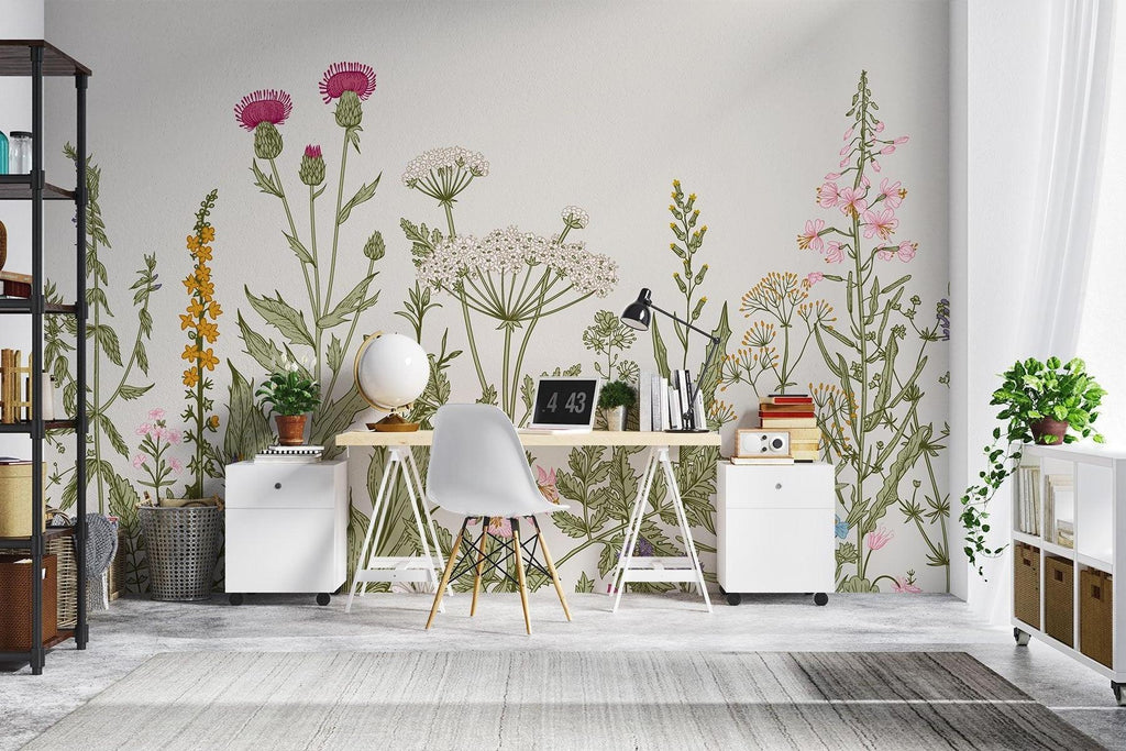Botanical wallpaper with wildflowers brightening a modern living room with natural light