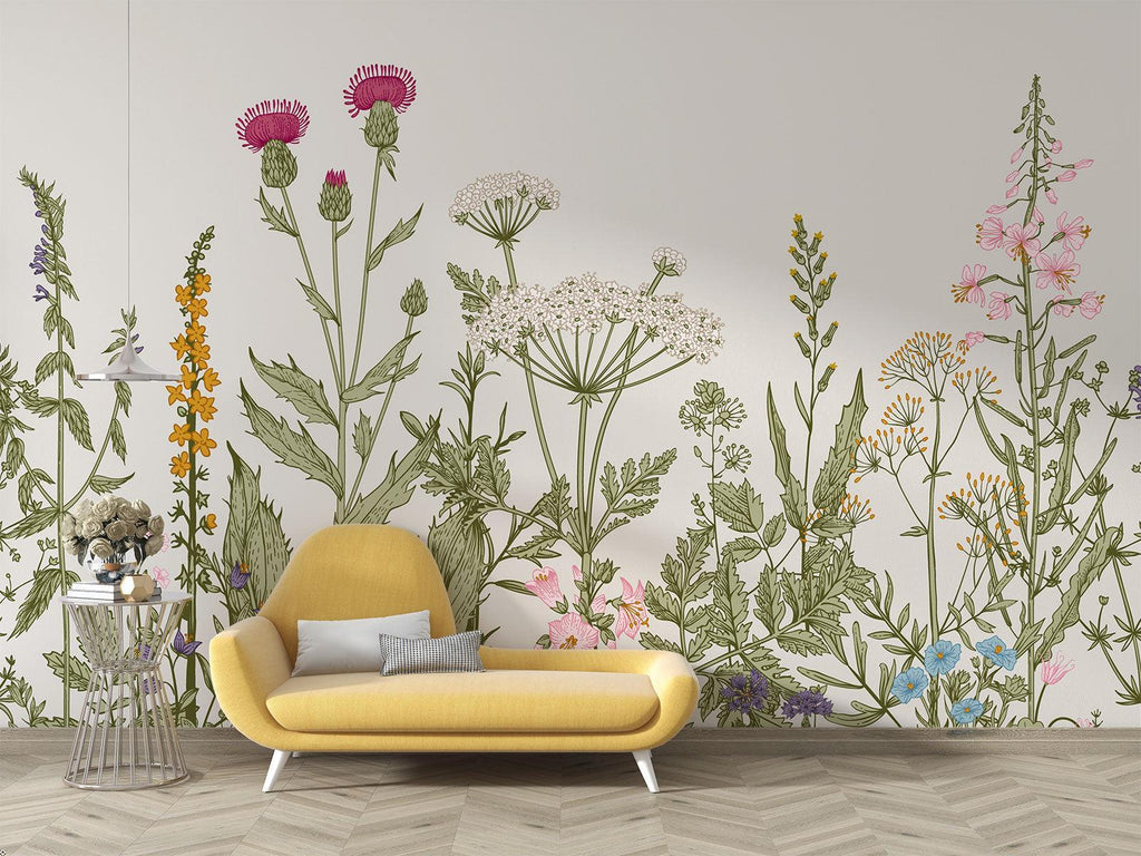 Floral wallpaper installation in a bright dining room