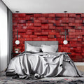 Red brick mural wallpaper in modern living room showing 3D texture effect