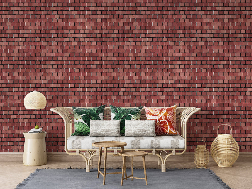Classic brick mural wallpaper in dining room showing depth and texture