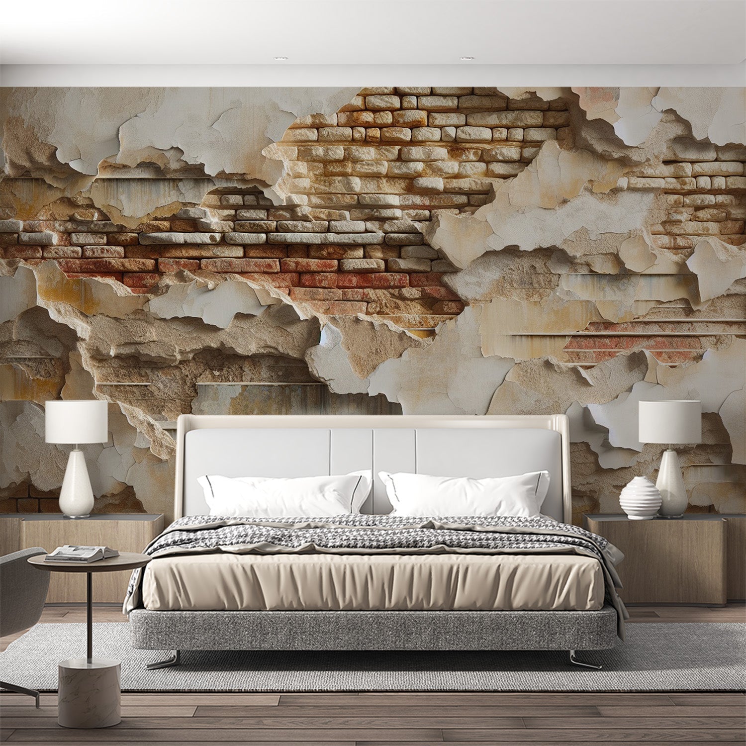 Distressed brick wallpaper in modern industrial loft living room showing exposed terracotta and white plaster textures