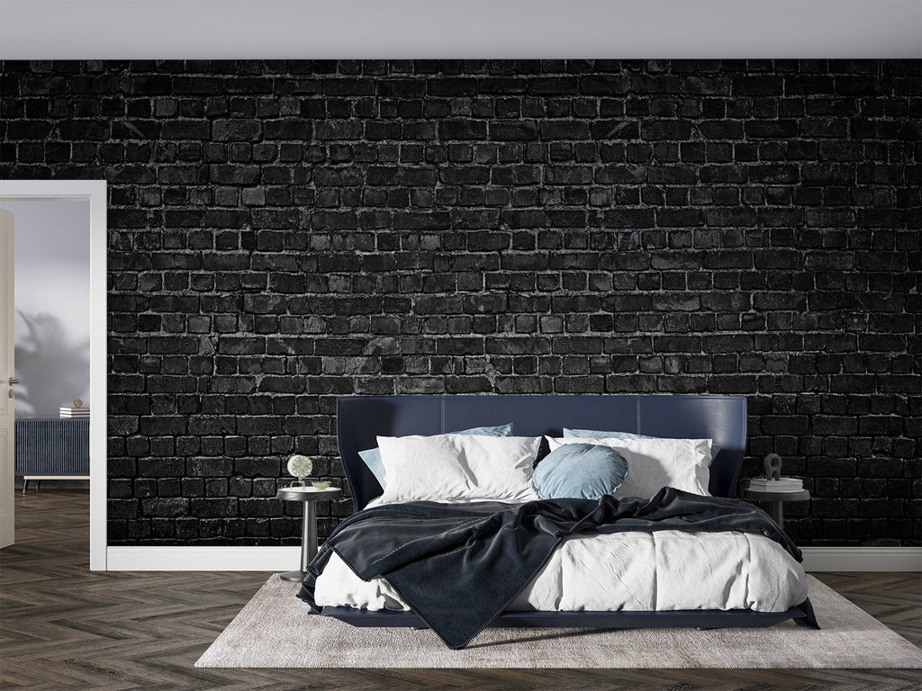 Modern black brick wallpaper featured in urban loft bedroom