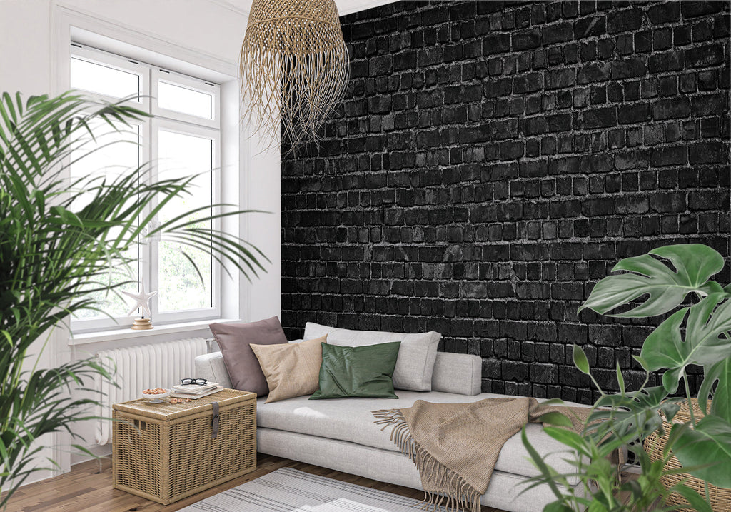 Black brick wall mural in contemporary dining room with mood lighting
