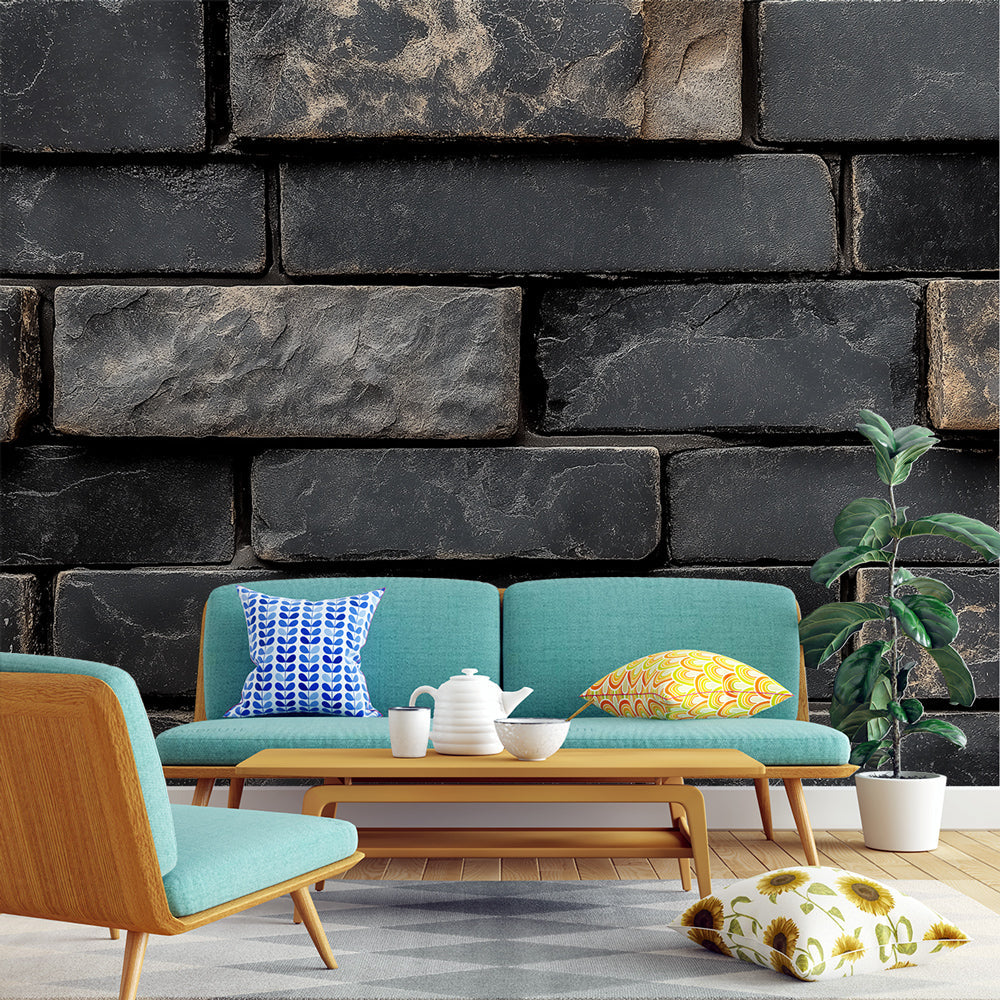 Black brick wallpaper creating modern industrial atmosphere in a stylish living room with high ceiling