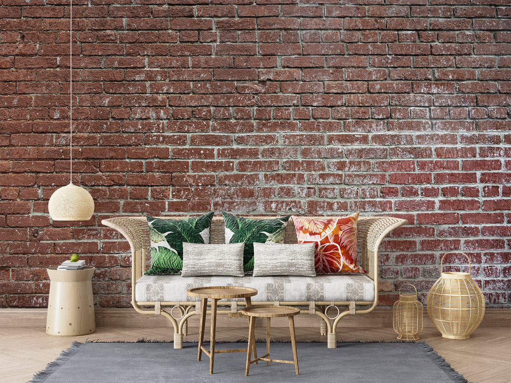 Vintage brick mural wallpaper in home office with metal desk