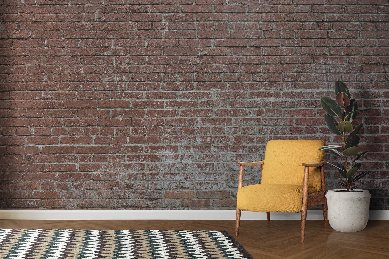 Red brick accent wall mural in dining room with pendant lights