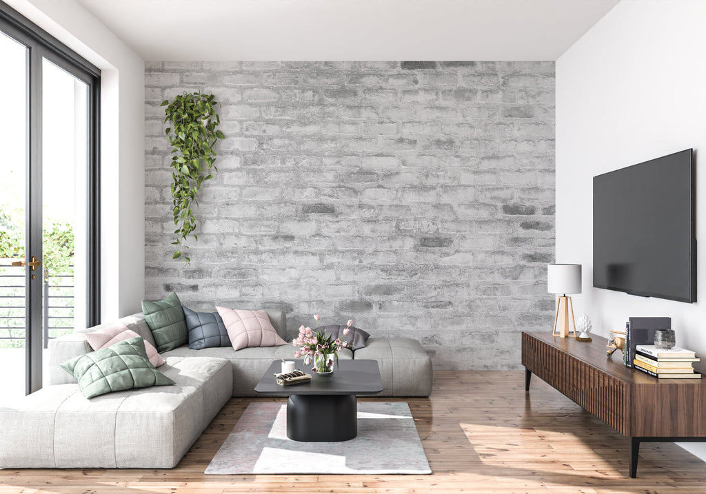Stone brick wallpaper creating industrial atmosphere in kitchen
