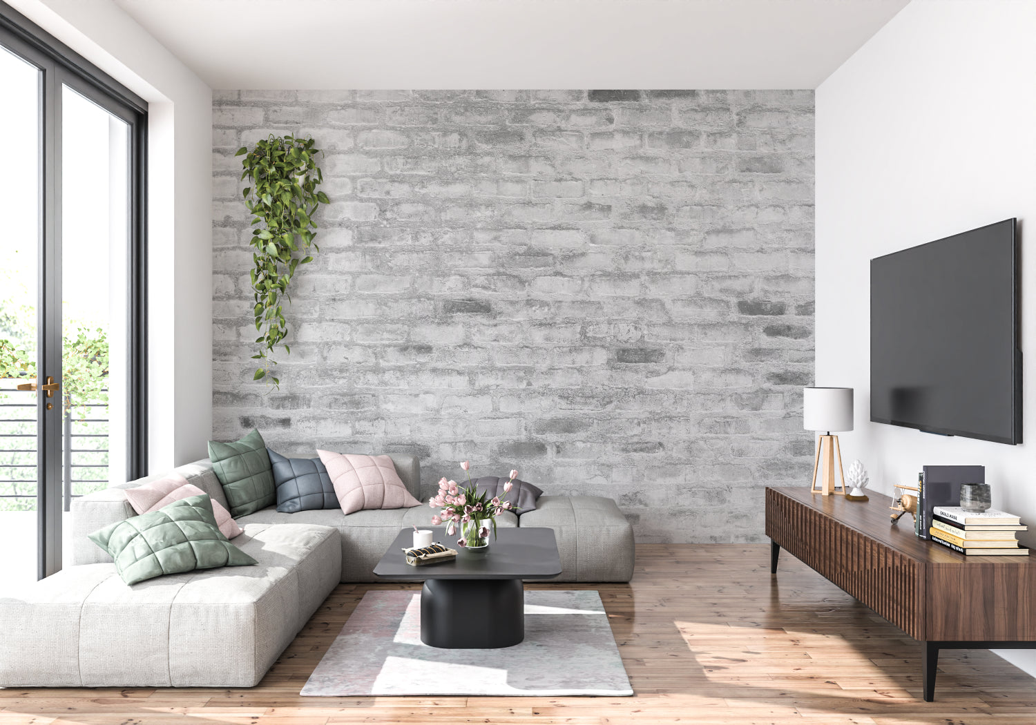 Stone brick wallpaper creating industrial atmosphere in kitchen