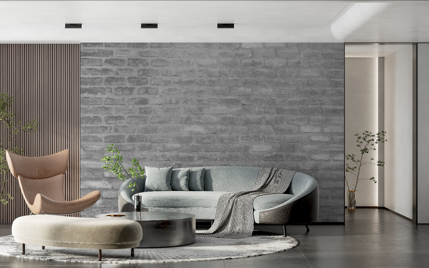 Grey brick mural wallpaper in home office with modern desk and black accents
