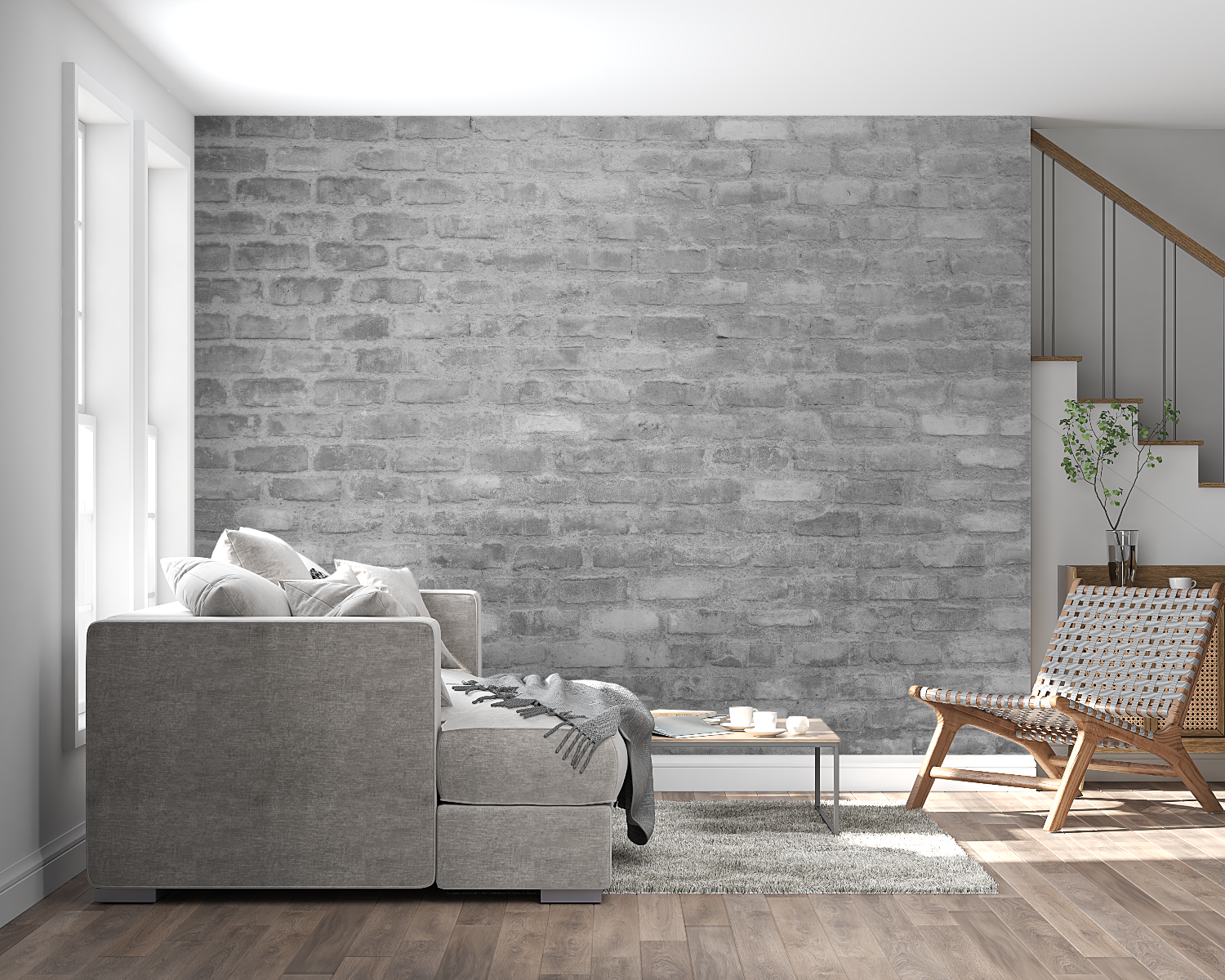 Industrial brick wallpaper creating accent wall in bedroom with metal bed frame