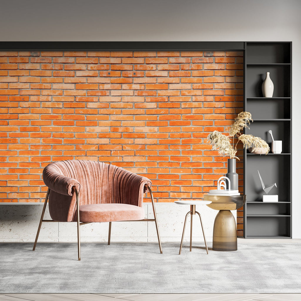 Orange brick feature wall in dining room with warm lighting
