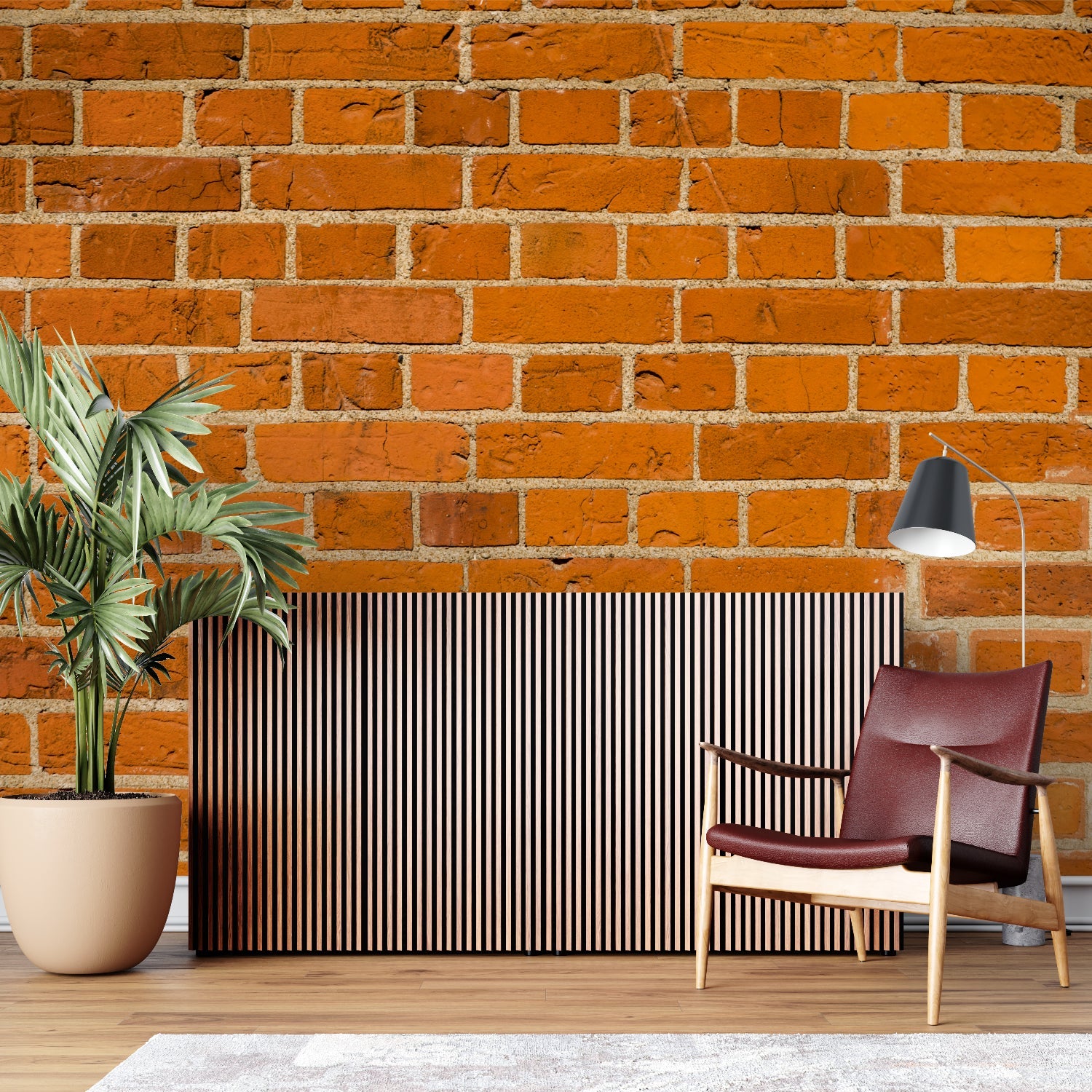 Orange brick wallpaper in modern living room showing industrial style and warm lighting