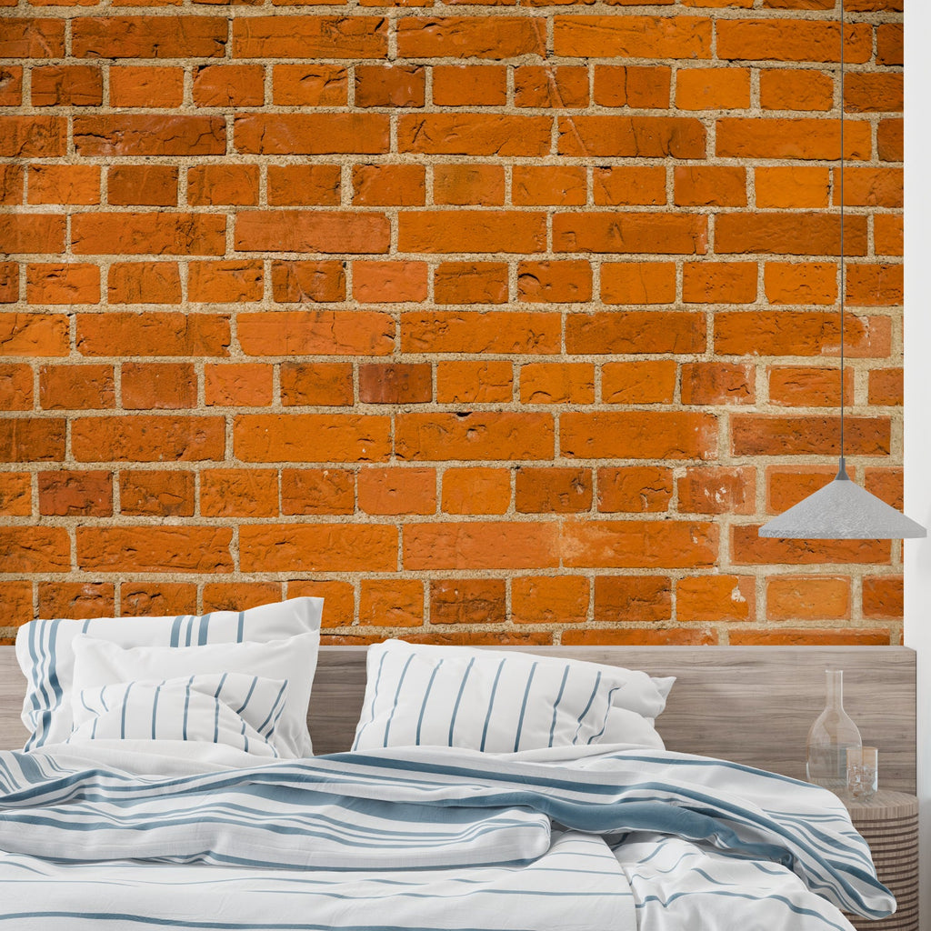 Industrial brick wall mural in dining room creating cozy atmosphere