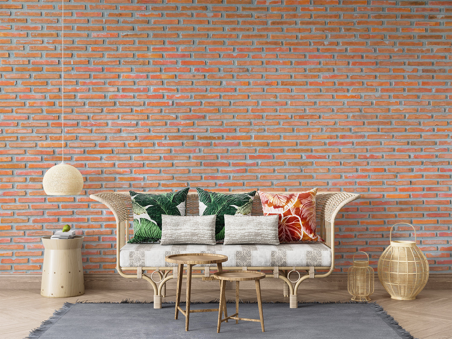 Industrial brick wallpaper installation in open plan kitchen with metal accents
