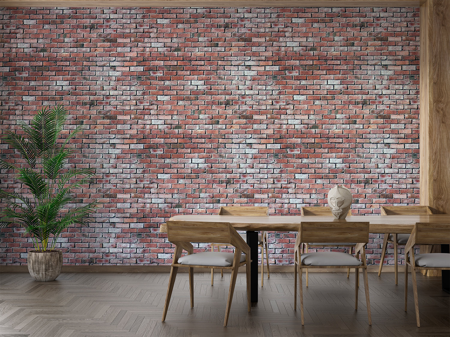 Red brick wallpaper mural creating an industrial accent wall in a modern living room with leather furniture
