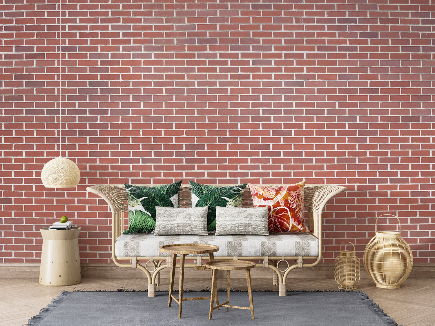 Red brick wallpaper bringing industrial charm to a modern living room with leather furniture