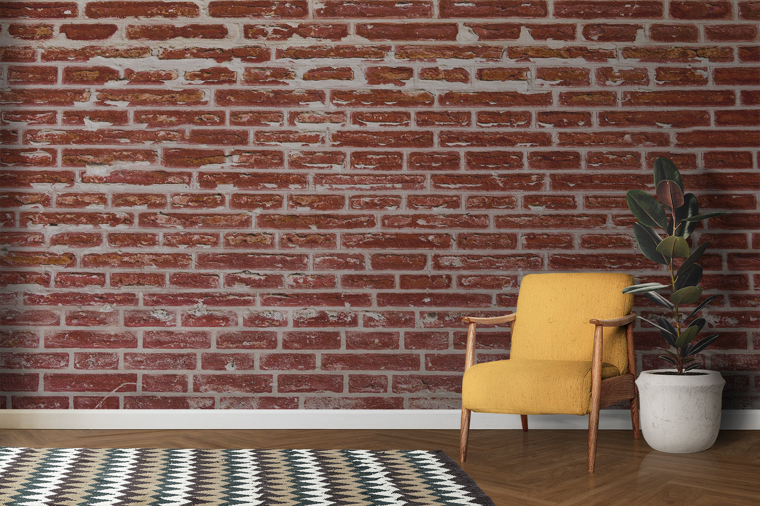 Brick wall mural transforming home office with rustic wooden desk setup