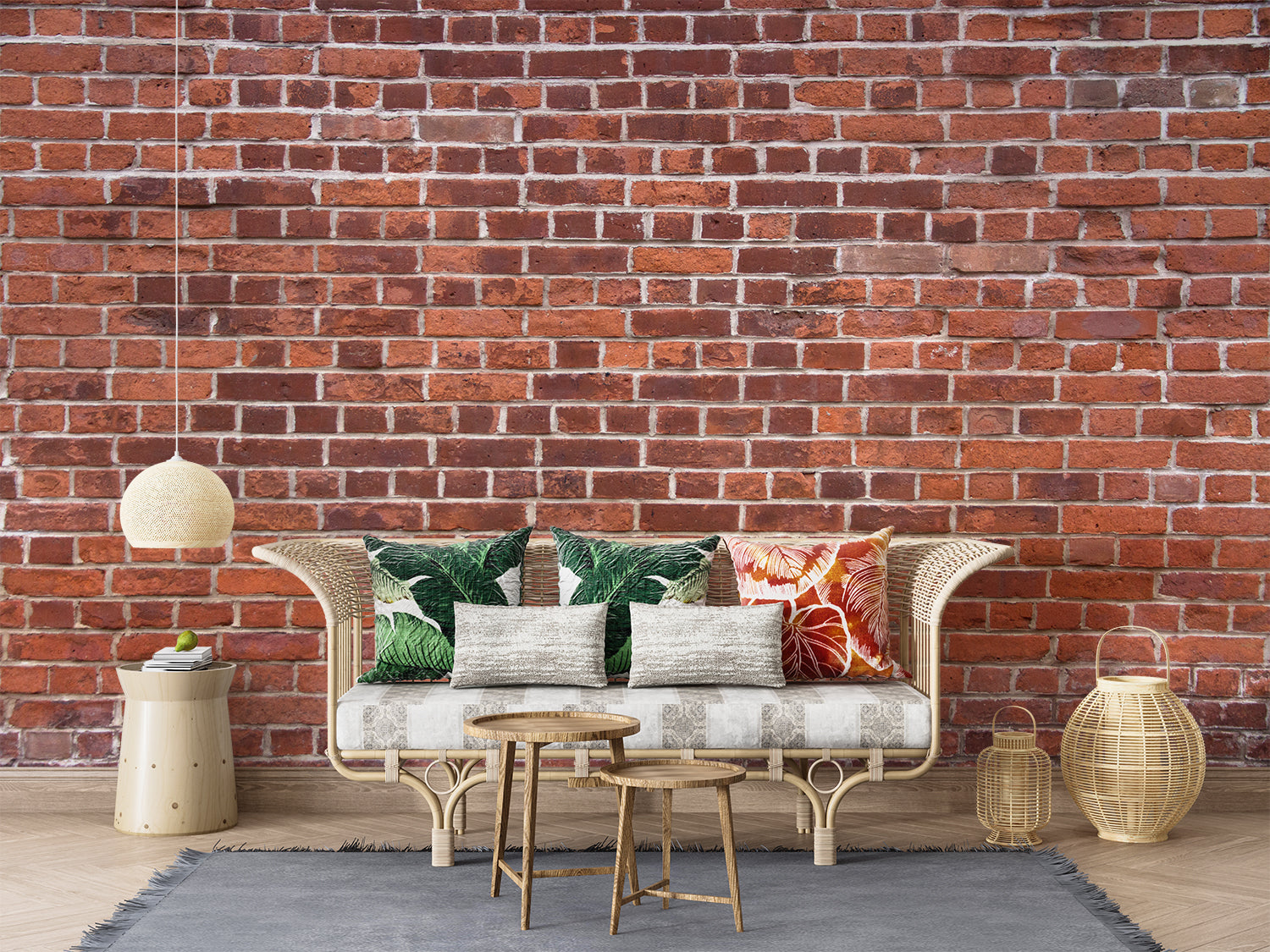Urban style red brick wallpaper in a loft bedroom with minimal decor and large windows