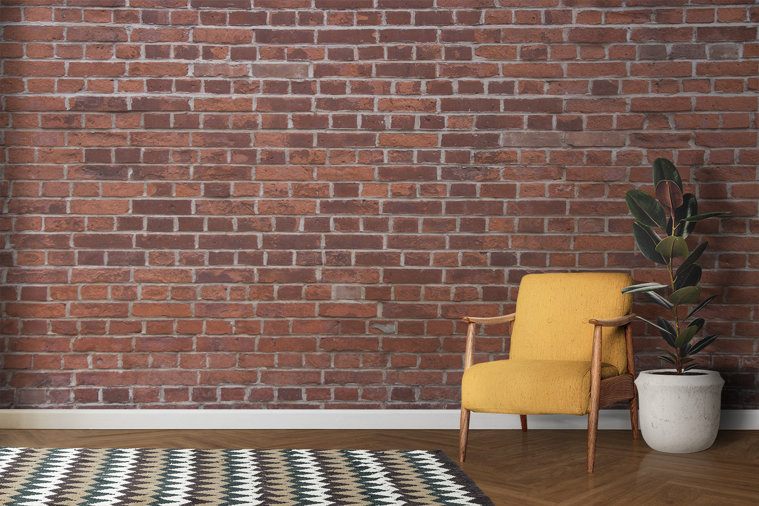 Brick pattern wallpaper creating urban loft feel in bedroom with minimalist furniture