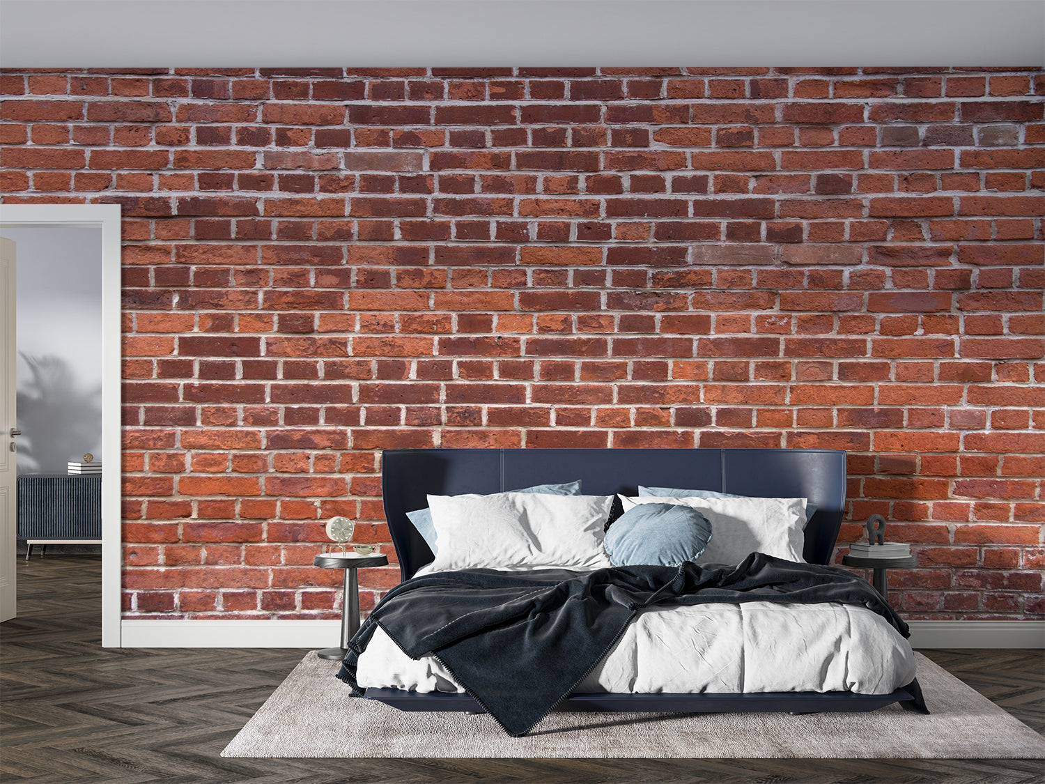 Red brick effect mural in home office with wooden desk and industrial shelving