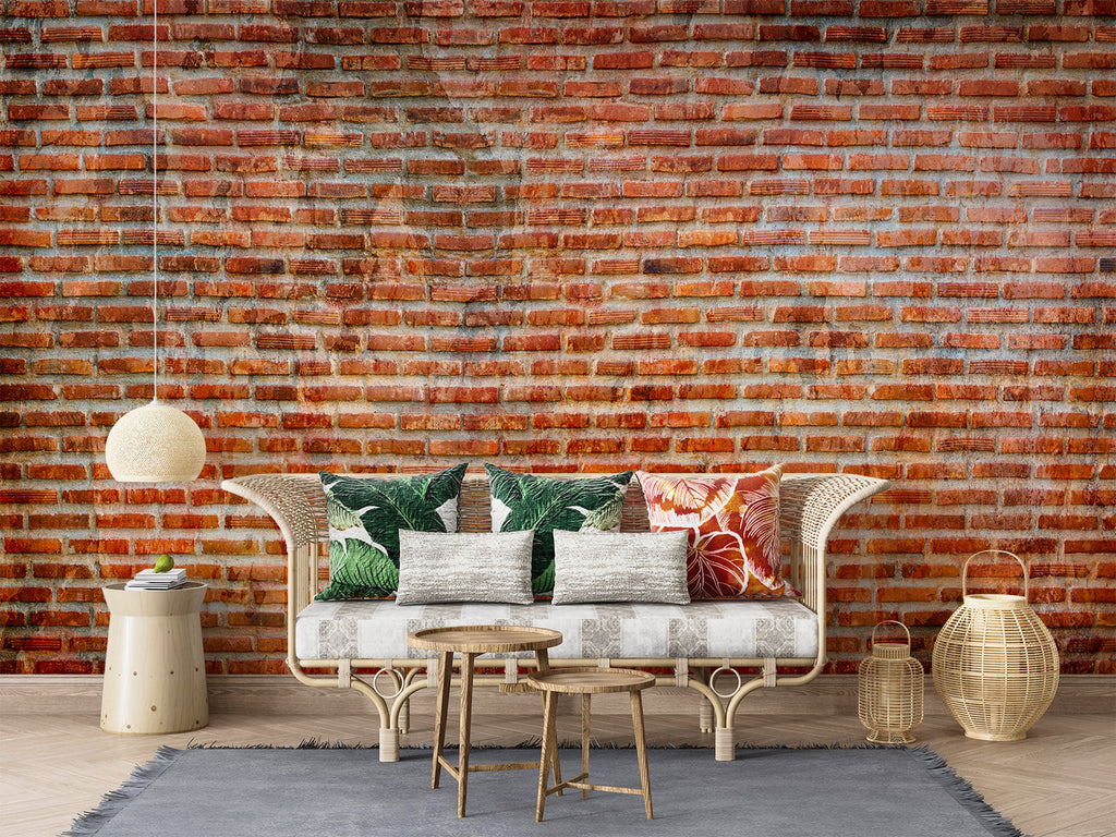 Industrial brick wallpaper creating accent wall in minimalist bedroom