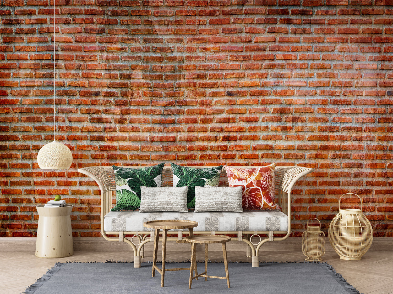 Industrial brick wallpaper creating accent wall in minimalist bedroom