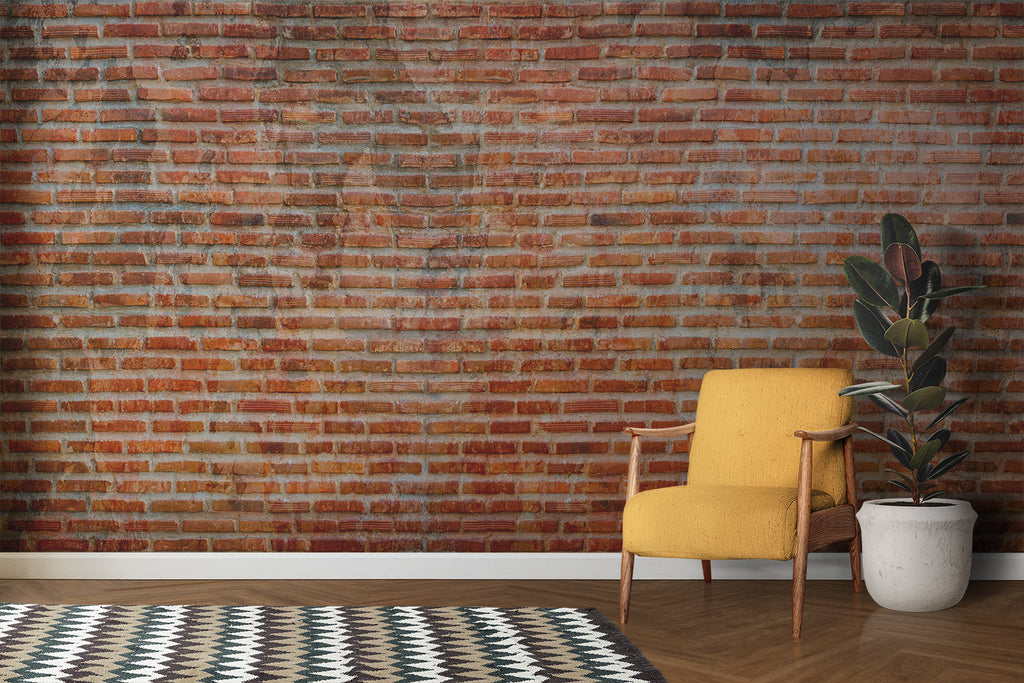 Red brick mural wallpaper in urban style kitchen with metal fixtures