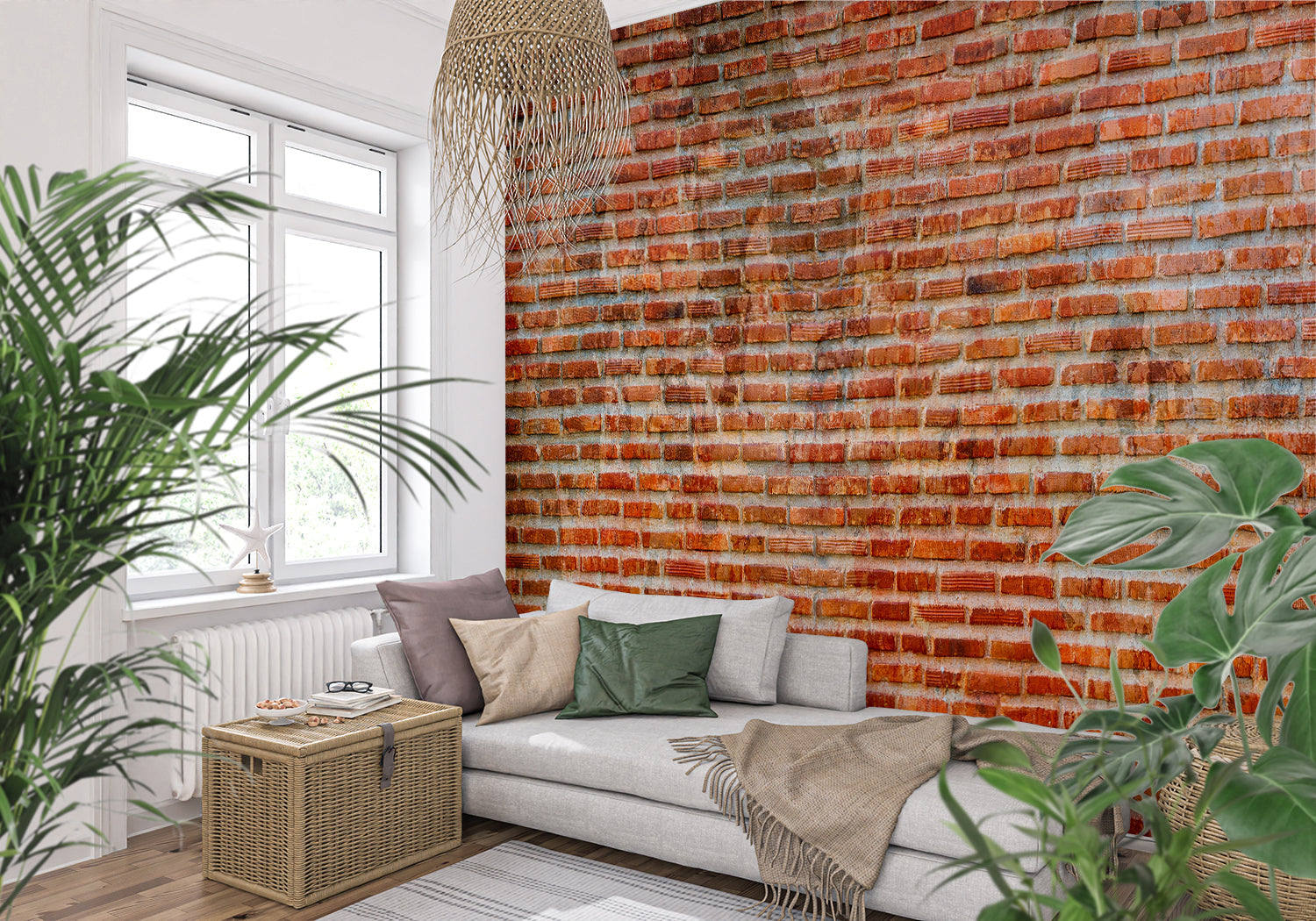 Brick effect wallpaper adding character to dining room with industrial decor