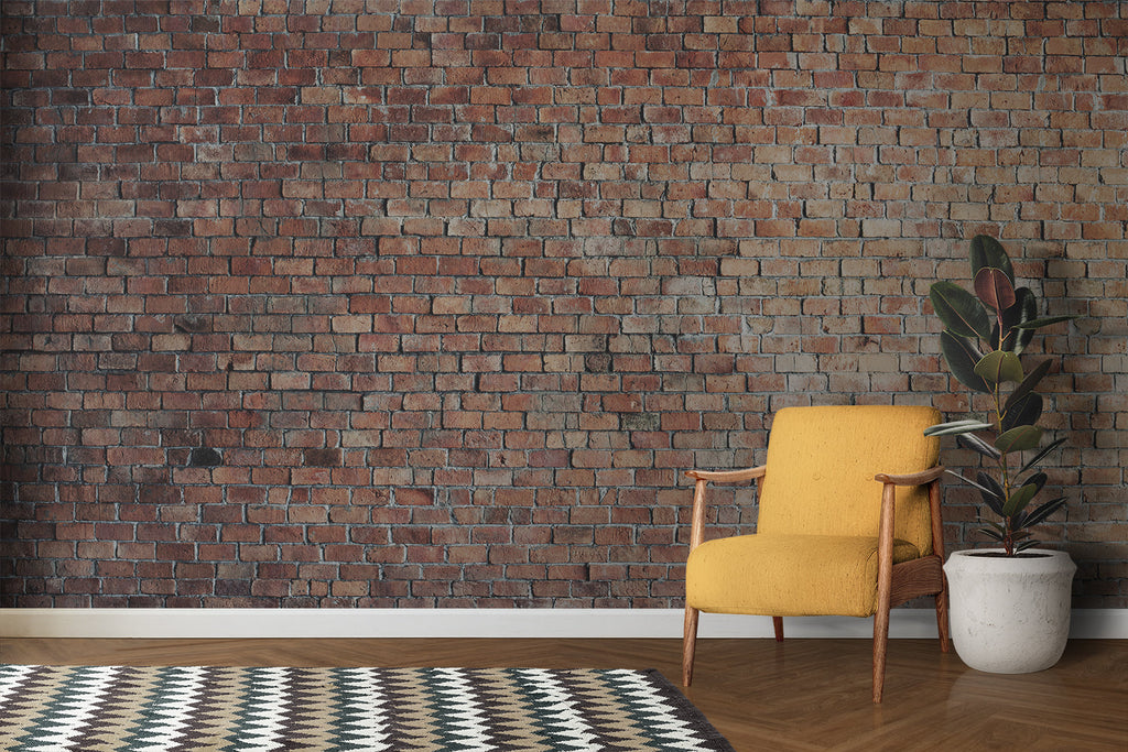 Brick wall mural creating feature wall in minimalist bedroom