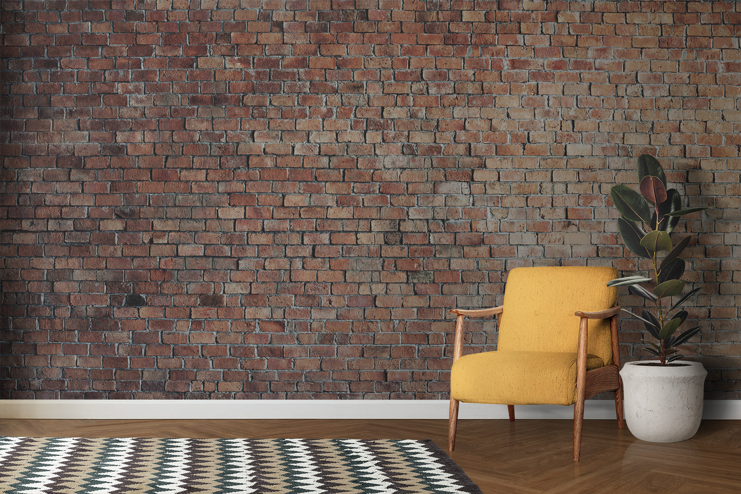 Brick wall mural creating feature wall in minimalist bedroom