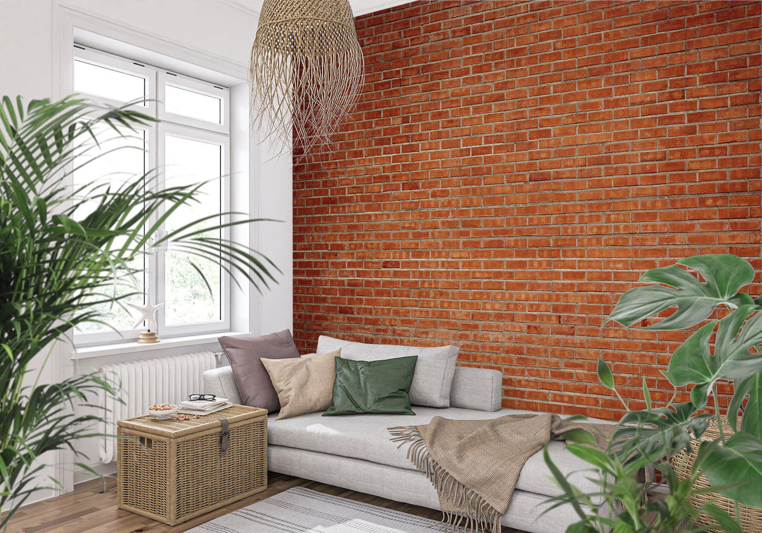 Textured brick mural creating statement wall in contemporary hallway