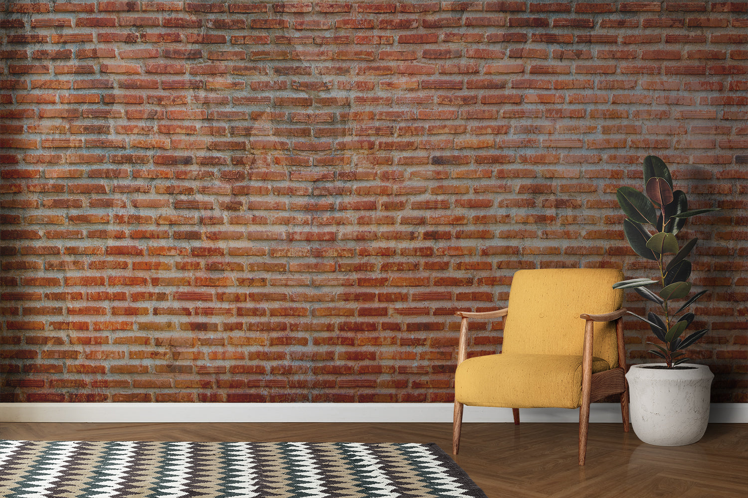 Industrial brick mural creating statement wall in contemporary bedroom