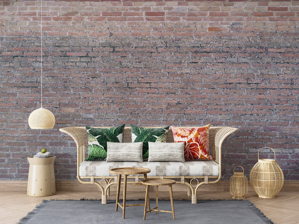 Brick wall mural in home office with industrial lighting fixtures