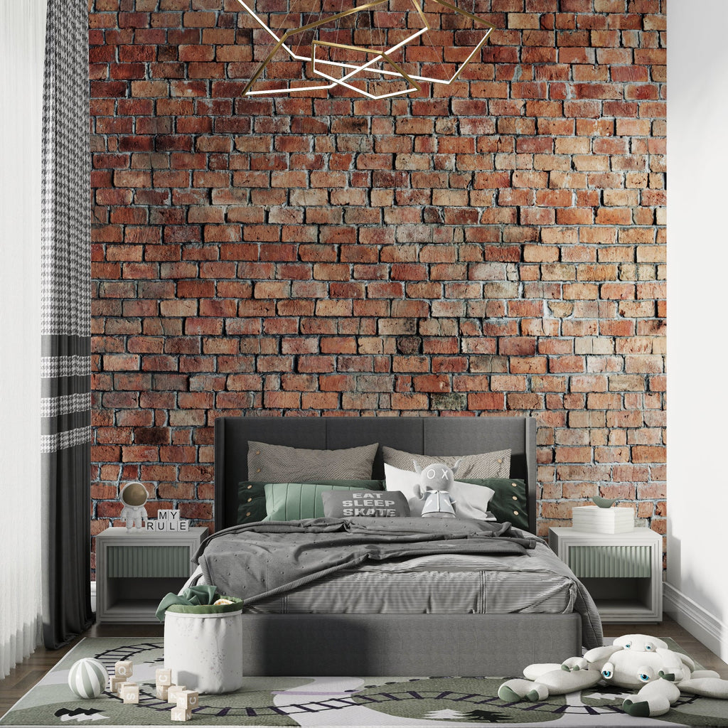 Rustic brick mural wallpaper in a cozy bedroom setting with warm lighting