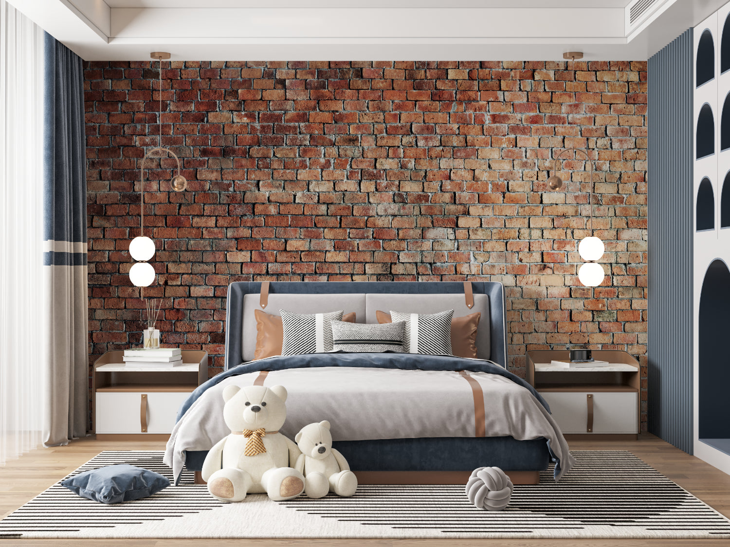 Red brick wall mural adding warmth to dining room setting