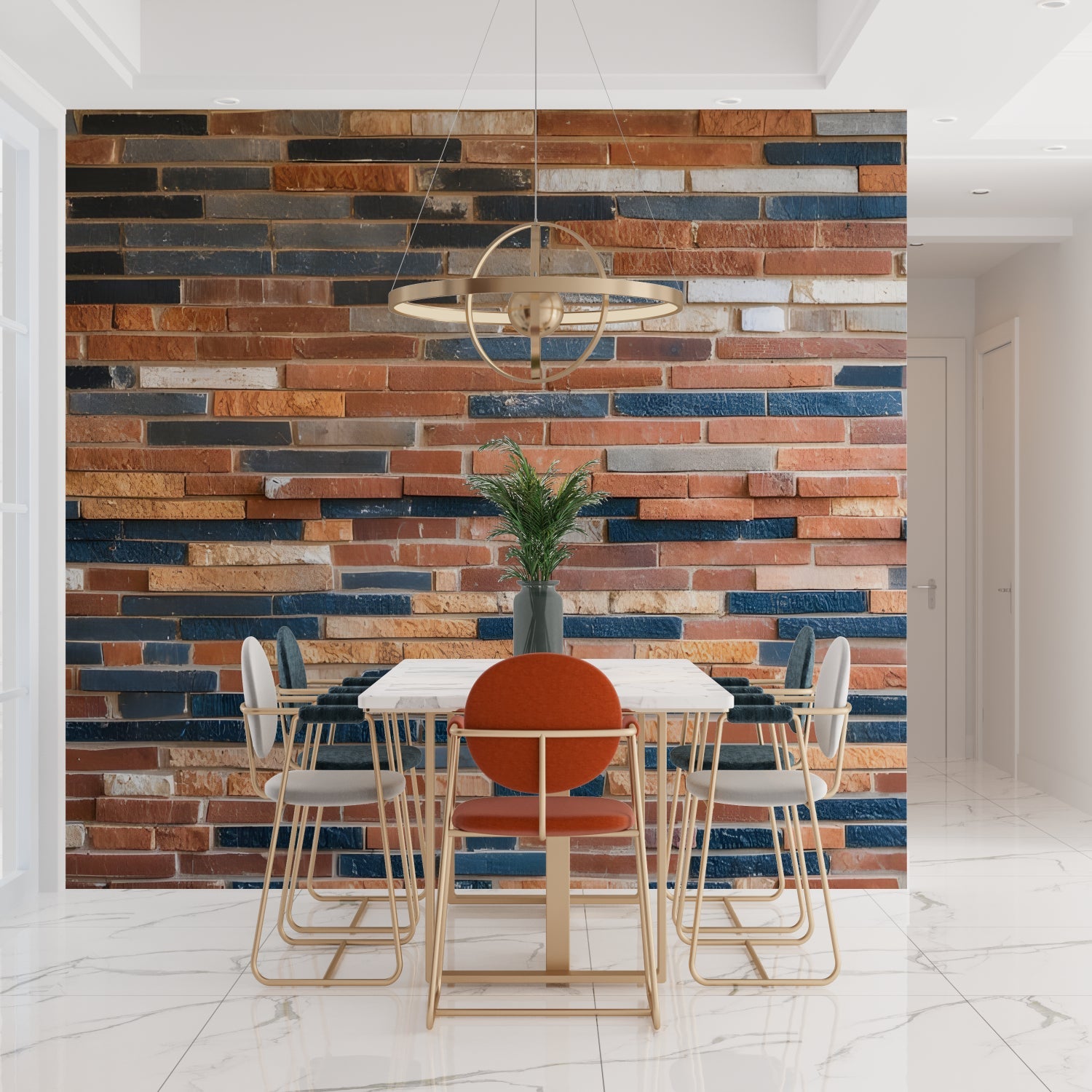 Modern kitchen with industrial brick effect feature wall