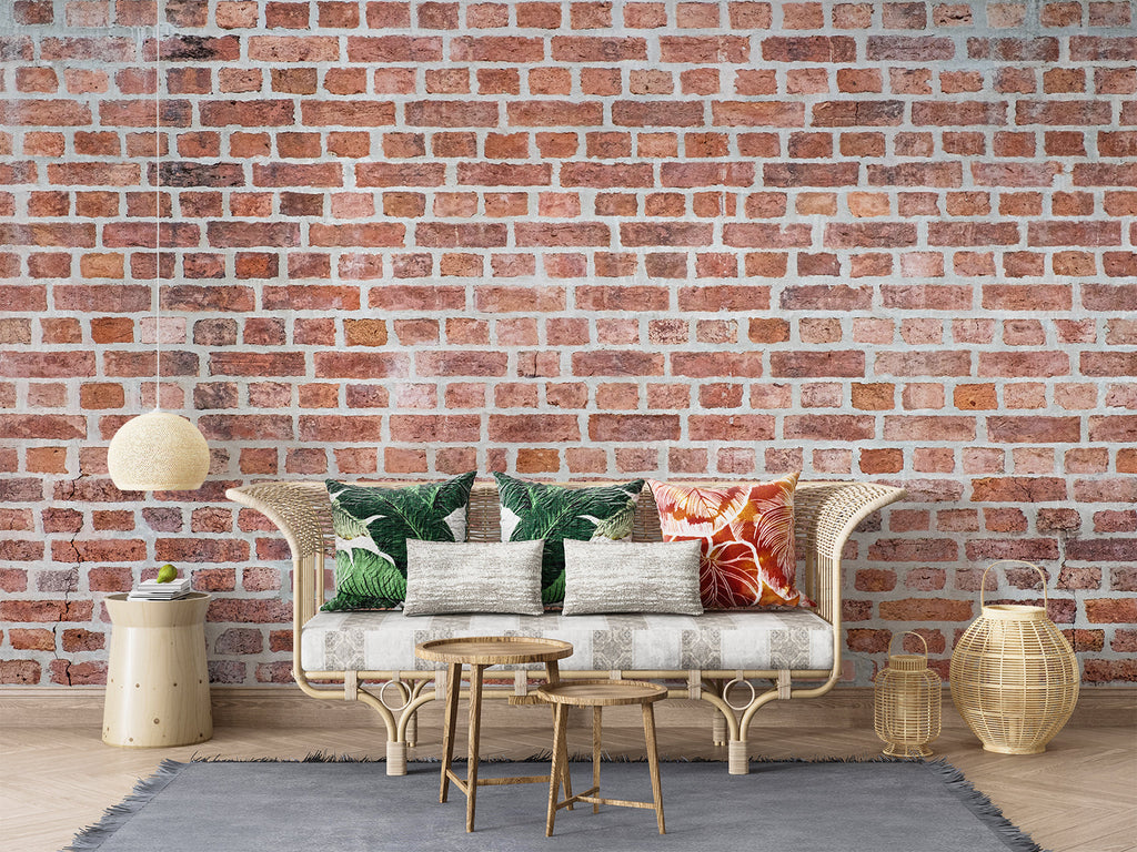 Industrial brick wallpaper creating statement wall in urban dining space