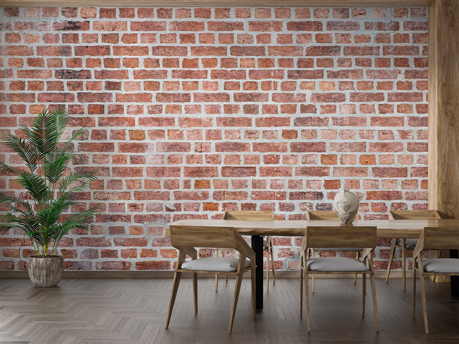 Terracotta brick mural wallpaper in minimalist home office setting