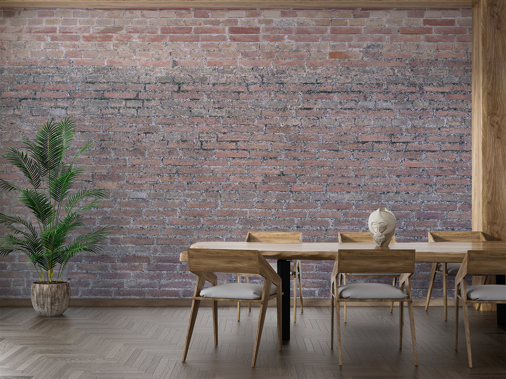 Industrial brick mural wallpaper in a home office with contemporary furniture