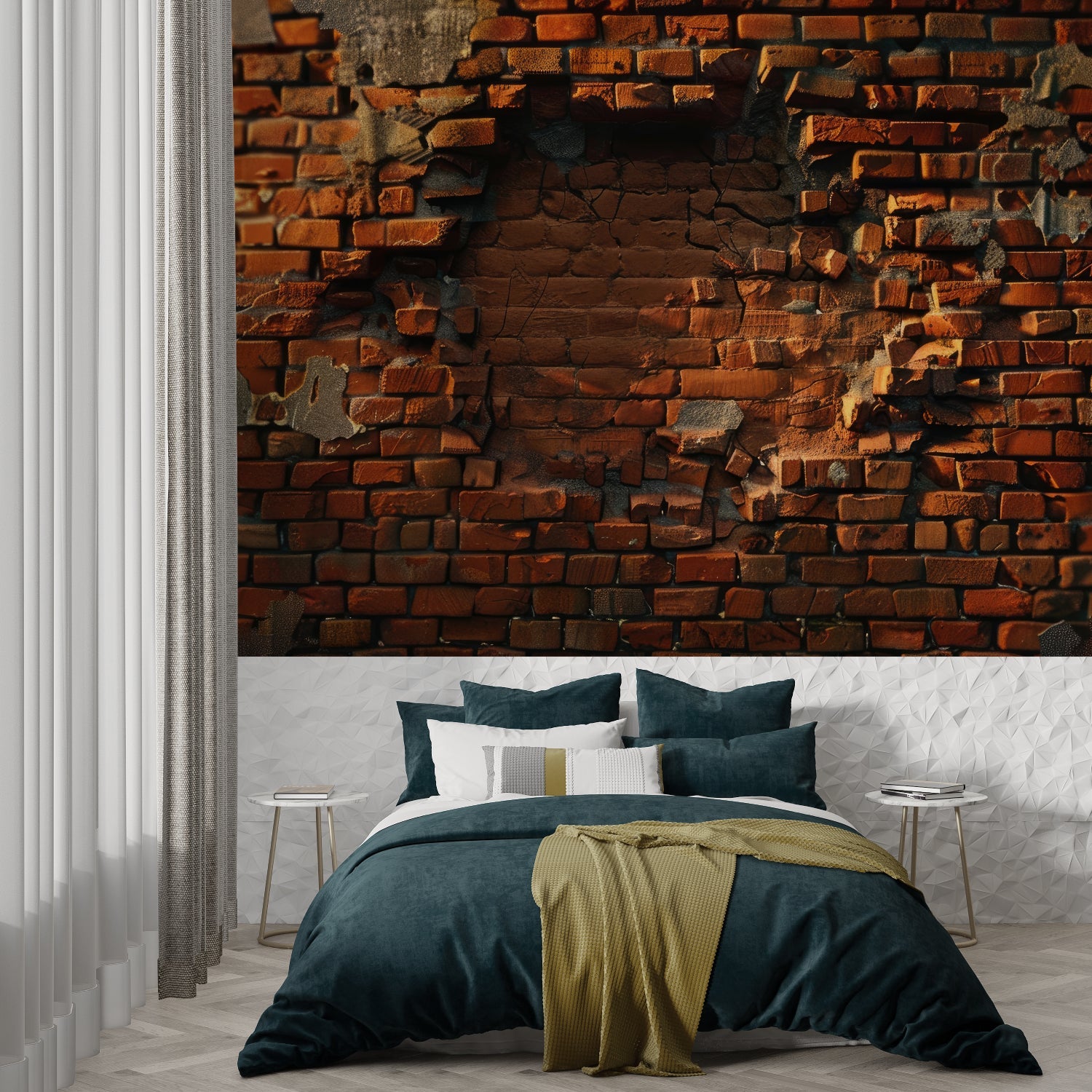 Exposed brick wallpaper creating warm ambiance in modern living room with grey sofa and plants