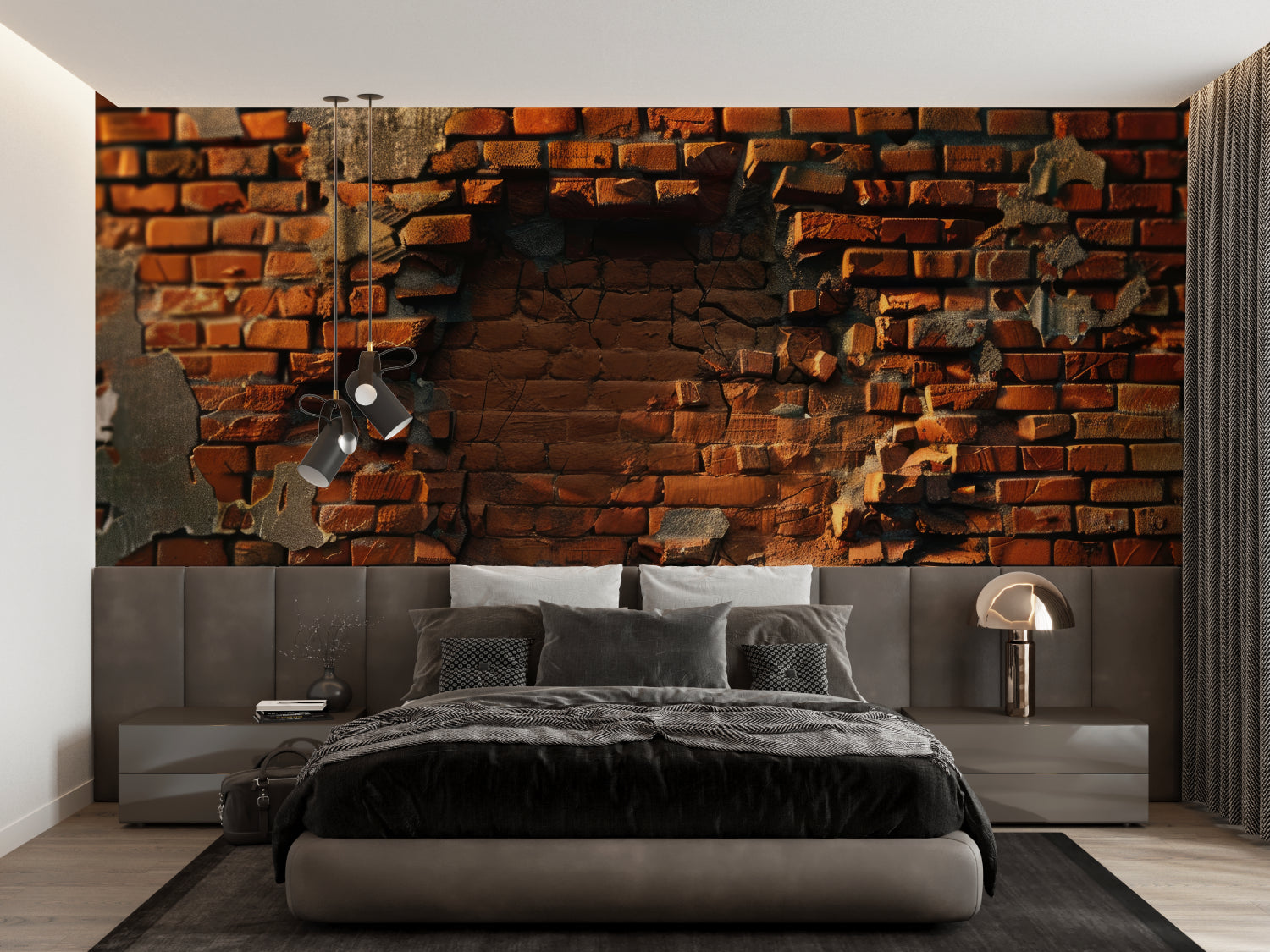 Terracotta brick effect wallpaper in dining room with contemporary furniture